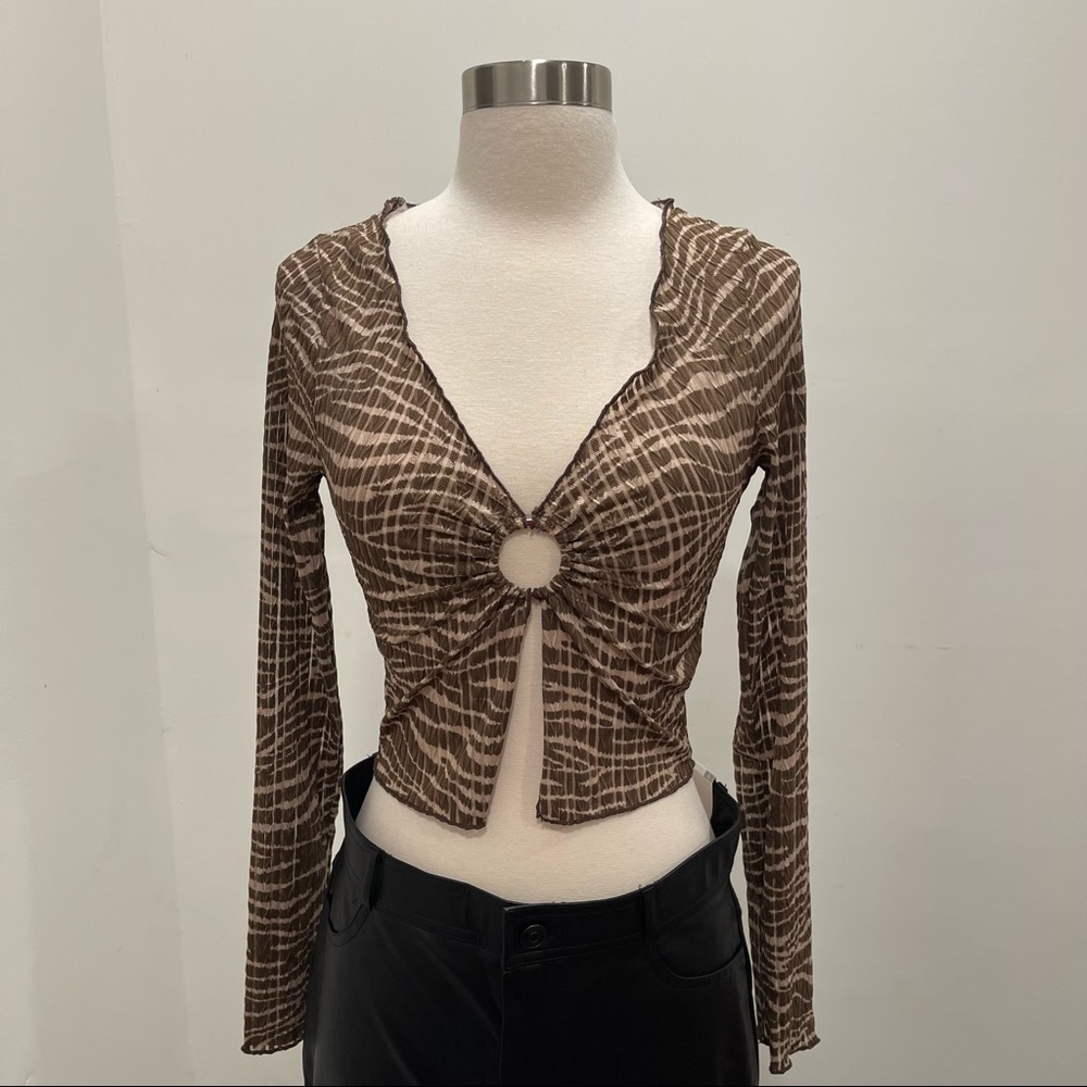 O ring Ruched Brown/Cream Open Front Long Sleeve Top
